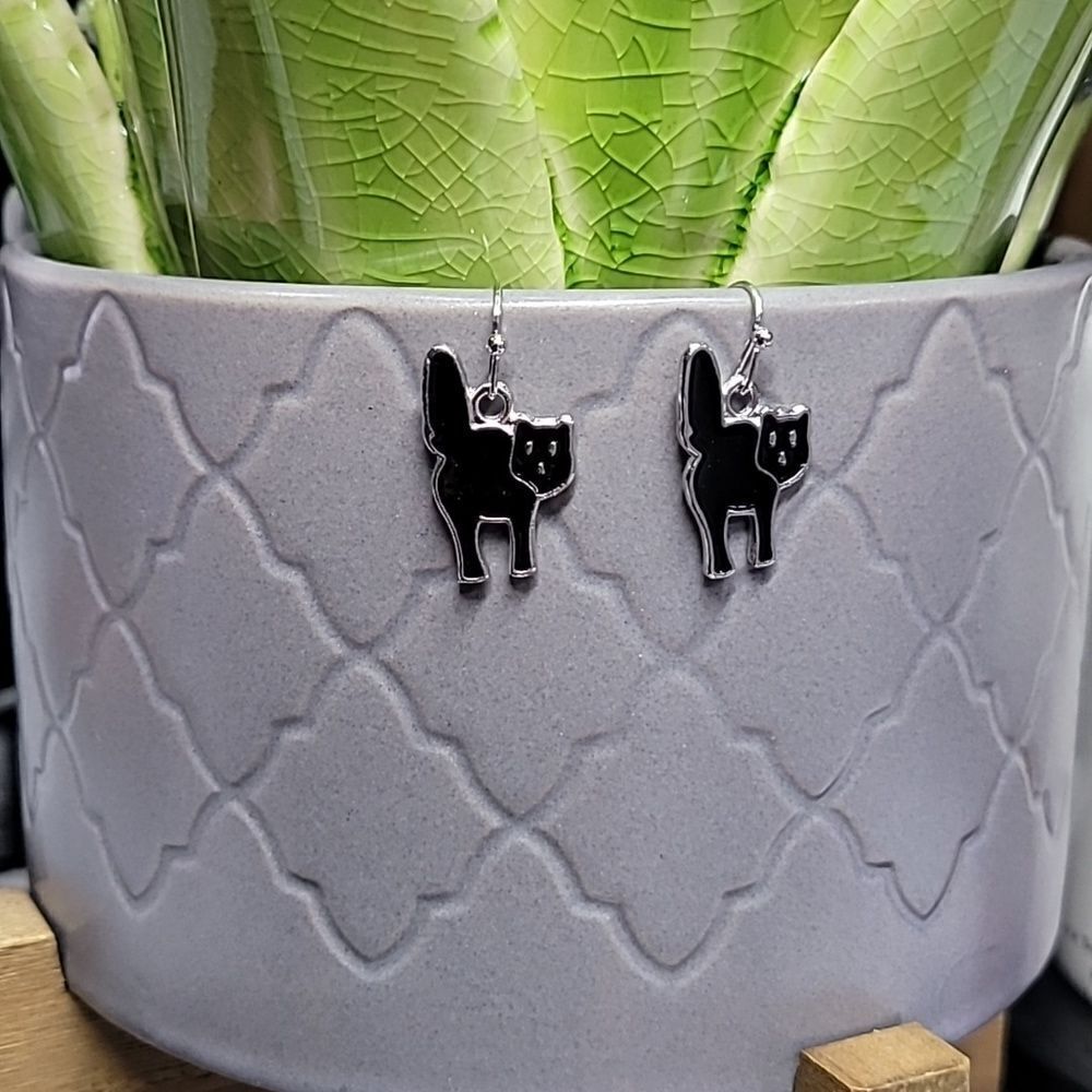Metal Black Cat Dangle Earrings